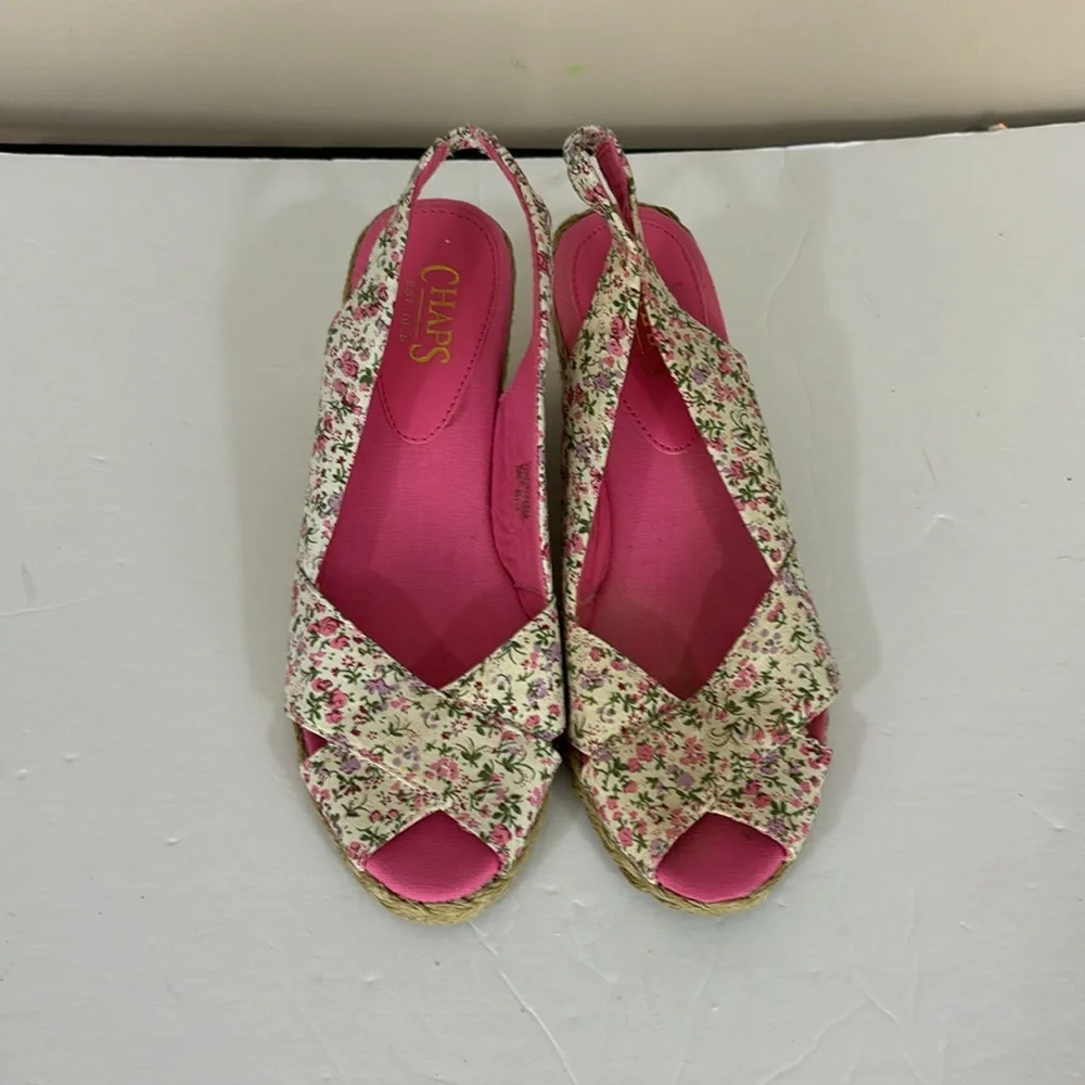Chaps Pink Floral  Fabric Corala Peep Toe Espadrille Wedge Sandals Size 9B
